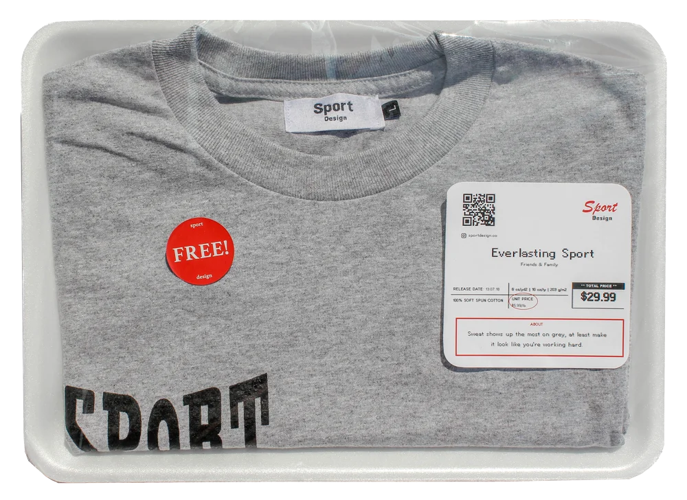 Grey Shirt in styrofoam and plastic wrap